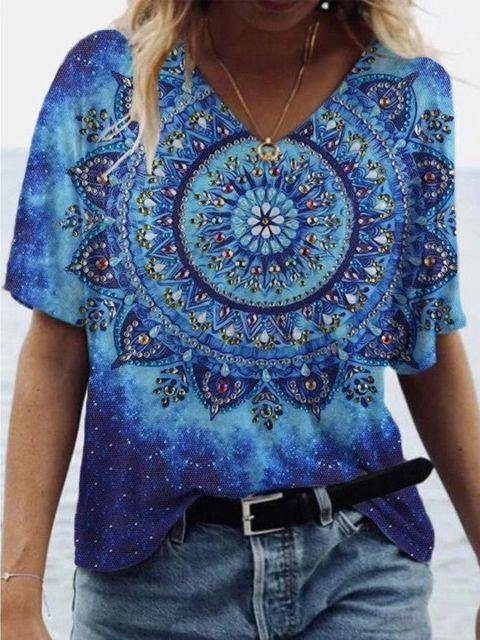 Womens Blue Mandala Patterns Loose Tees