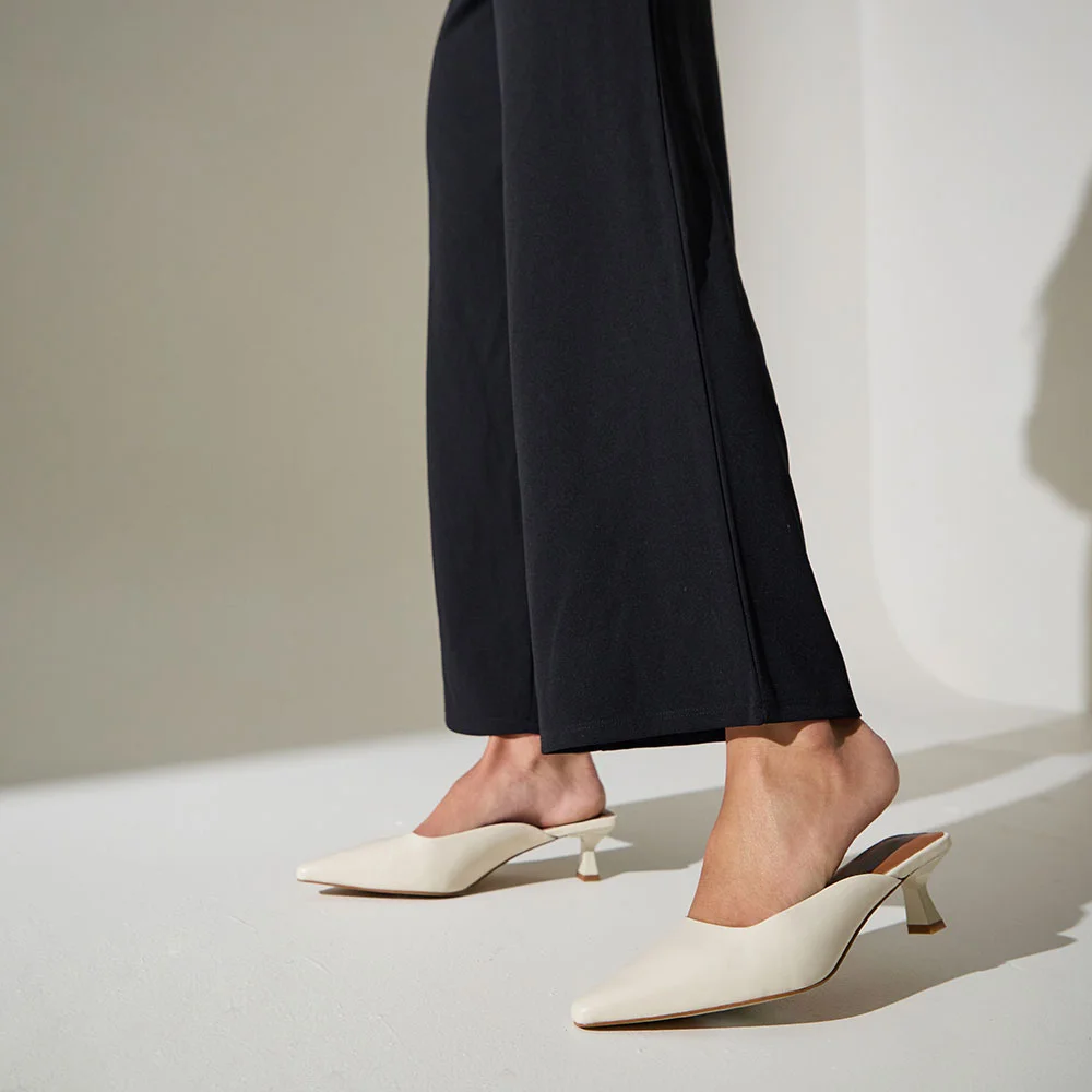 Women's Casual Ivory Pointed Toe Slip-On Kitten Heeled Mules