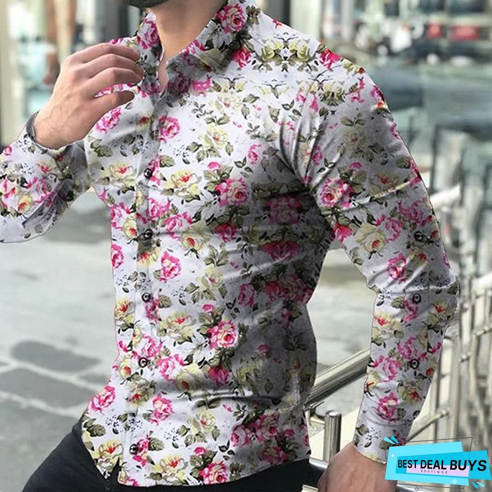 Men Fashion Spring Autumn Long Sleeve Floral Printed Shirts