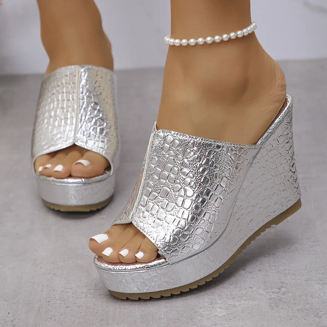 Breakj Breakj Summer New Golden Fish Mouth Toe-Word Fashion Large-Size Slope And Cold Slippers