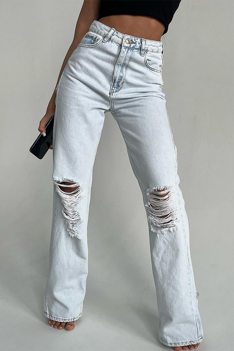 Denim High Waist Straight Leg Ripped Raw Edge Jeans-White