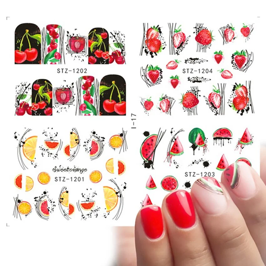 Nail Stickers Water Transfer Fruits Abstract Art Designs 4Pcs/Set Nail Decal Decoration Tips For Beauty Salons-Nail Inspo