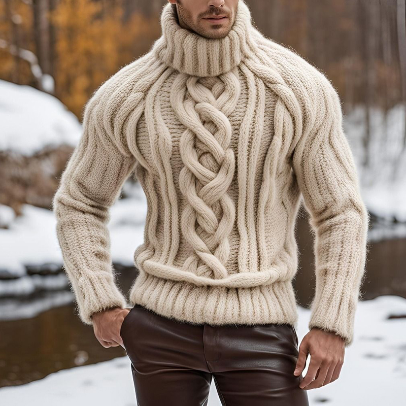 Men's Vintage Jacquard Chunky Knit Turtleneck Sweater wearshes