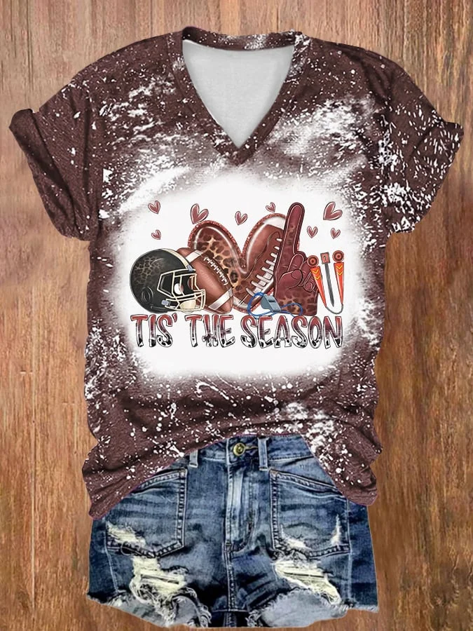 Retro V-neck Tie Dye Football Leopard Tis The Season Print T-Shirt socialshop