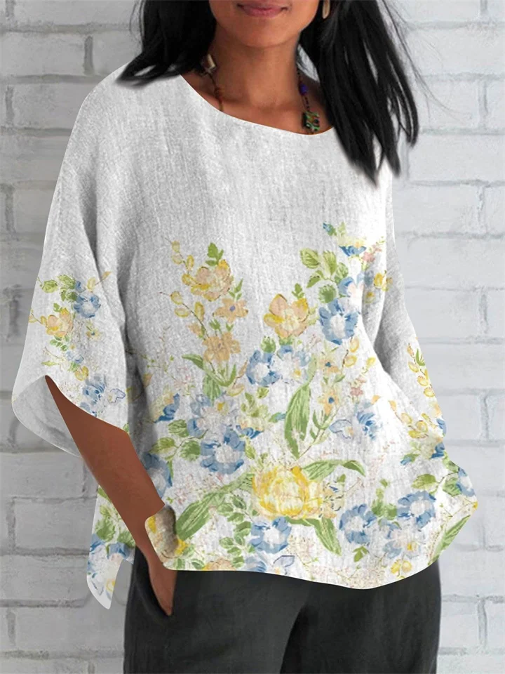 New Seven-quarter Sleeve Short-sleeved T-shirt Floral Round Neck Short-sleeved Casual Shirt