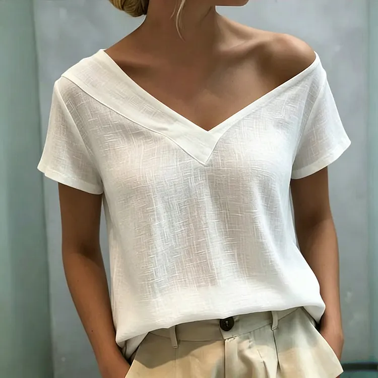 Women's Solid Color Irregular V-neck Short-sleeve Casual Top