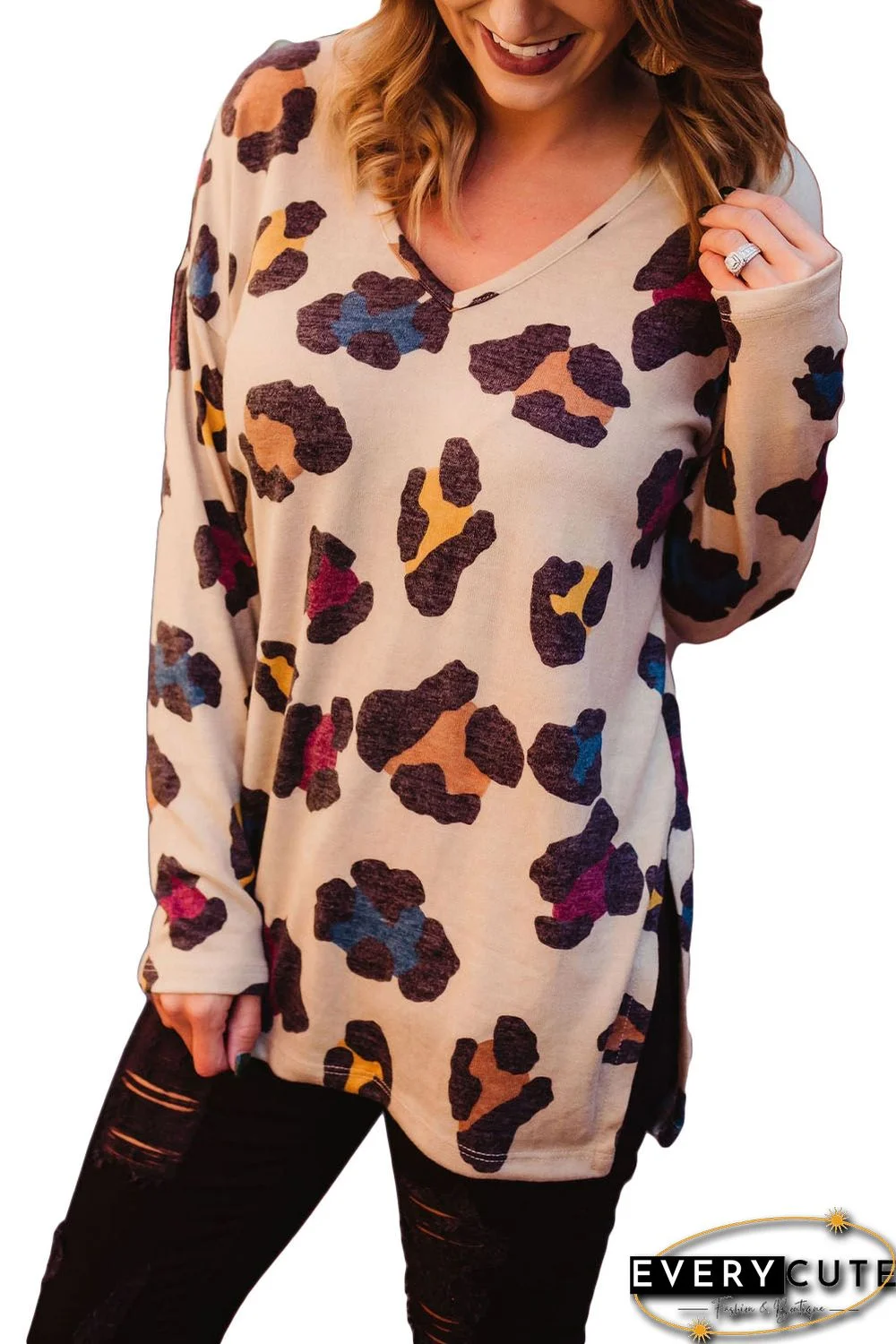 Apricot Colorful Leopard Print V Neck Long Sleeve Top with Slits