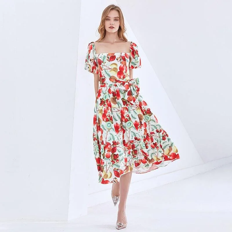 ABEBEY Print Hit Color Dress For Women Slash Neck Short Sleeve High Waist Vintage Dresses Female Fashion New Clothing 2023