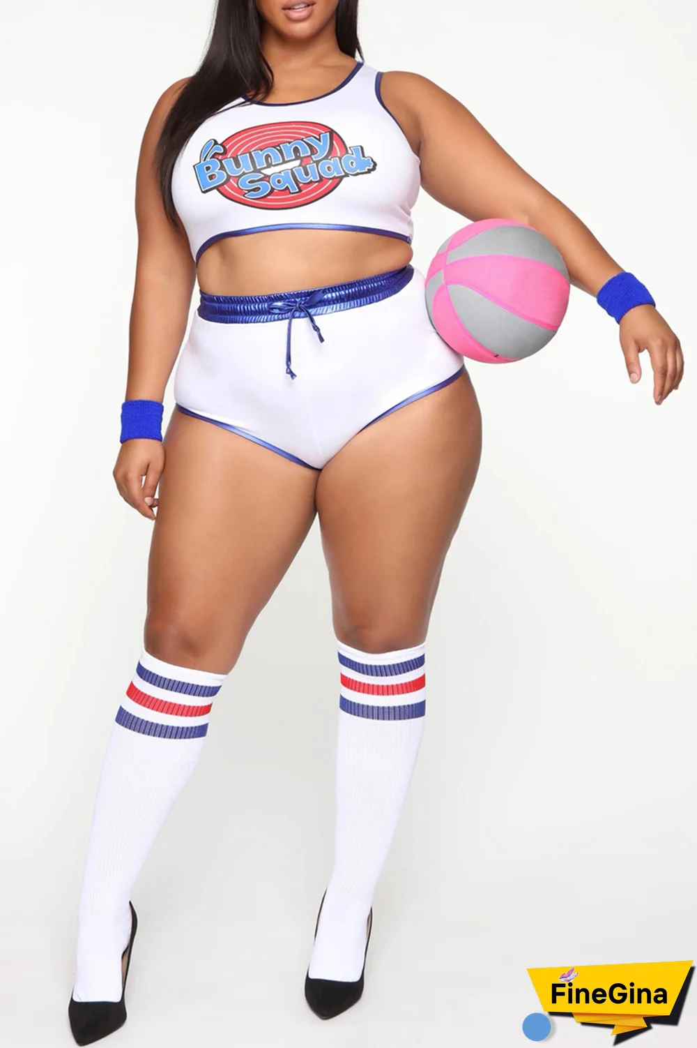 White Party Print Patchwork U Neck Sleeveless Two Pieces