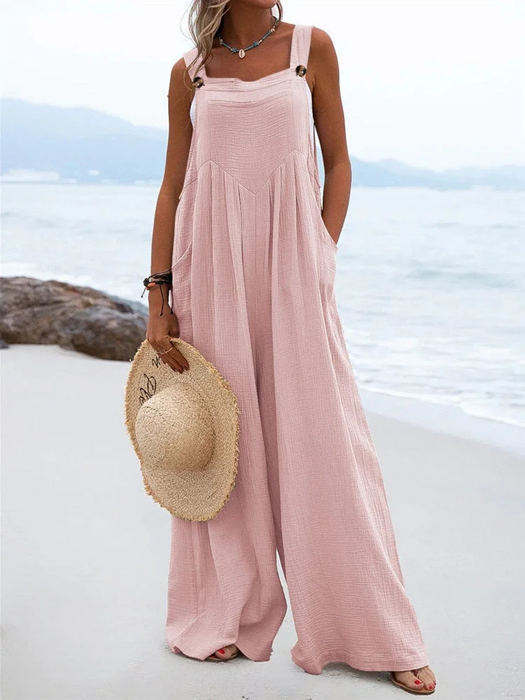 Women Loose Pockets Summer Casual Jumpsuits Female Streetwear Solid Long Wide Leg Pants 2022 Patchwork Straight Office Rompers