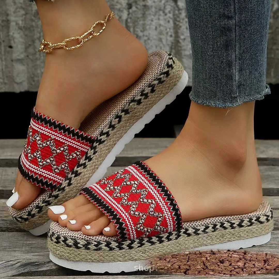 Breakj Breakj New National Wind Large Size Lady Thick Bottom Fish Mouth With Linen Color Slippers
