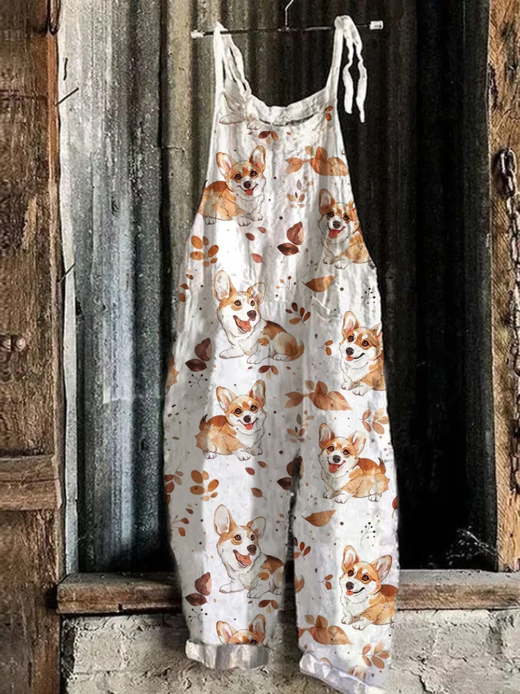 Utbros Corgi Cute Pattern Linen Casual Jumpsuit