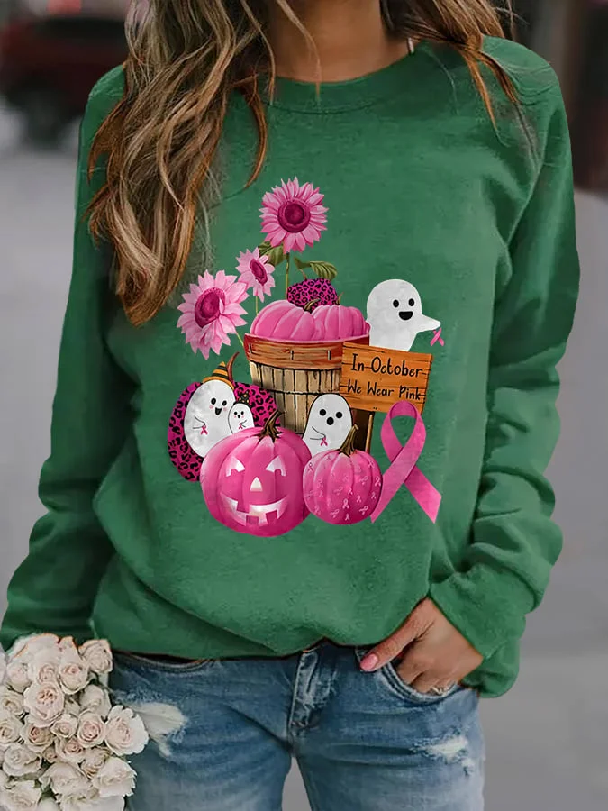 Halloween Ghost Pumpkin In October We Wear Pink Print Sweatshirt socialshop