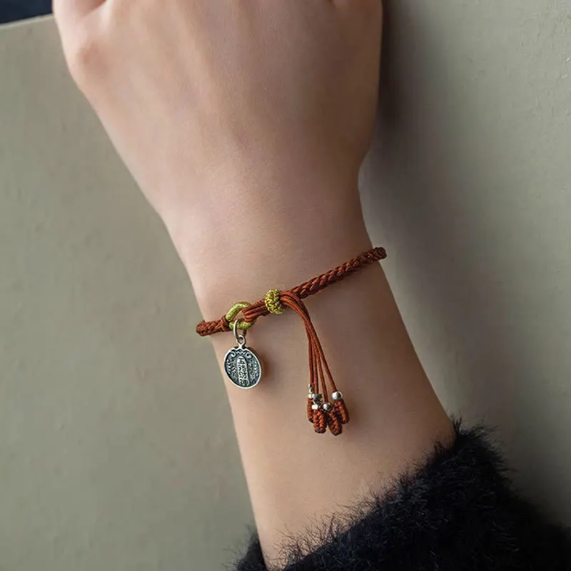 Handmade 925 Sterling Silver Five Directions Gods of Wealth Luck Protection String Braid Bracelet