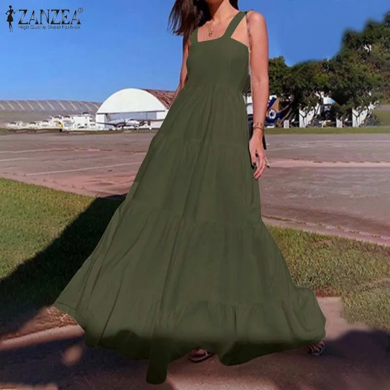 Bohemian Holiday Sundress ZANZEA Women Summer Sleeveless Swing Tiered Dress  Loose Long Tank Dresses Party Sarafans
