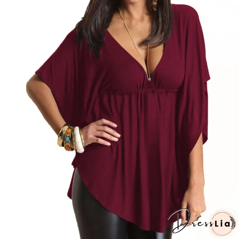Plus Size Sexy Femmes V Neck Summer vrac Blouse manches Batwing Shirt Tops Casual