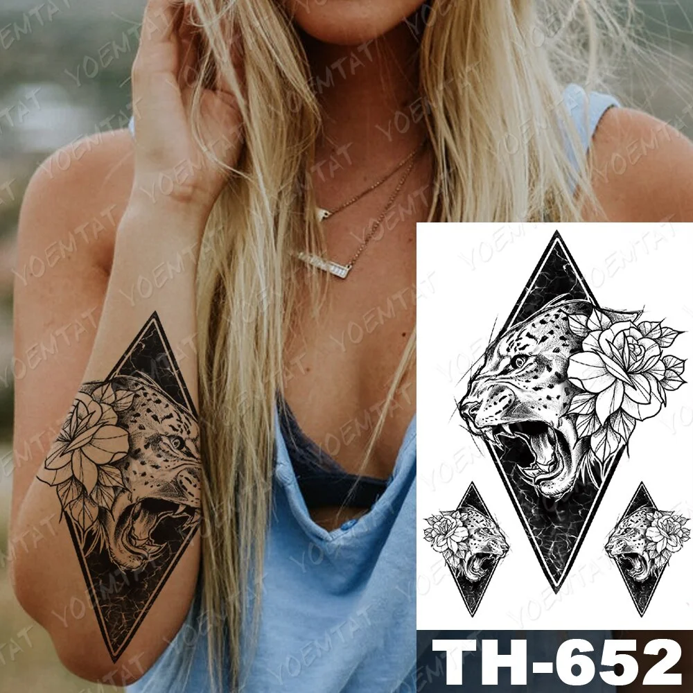 Sdrawing Temporary Tattoo Stickers Wolf Tiger Leopard Lion Moon Feather Star Flash Tattoos Female Back Body Art Fake Tatoo