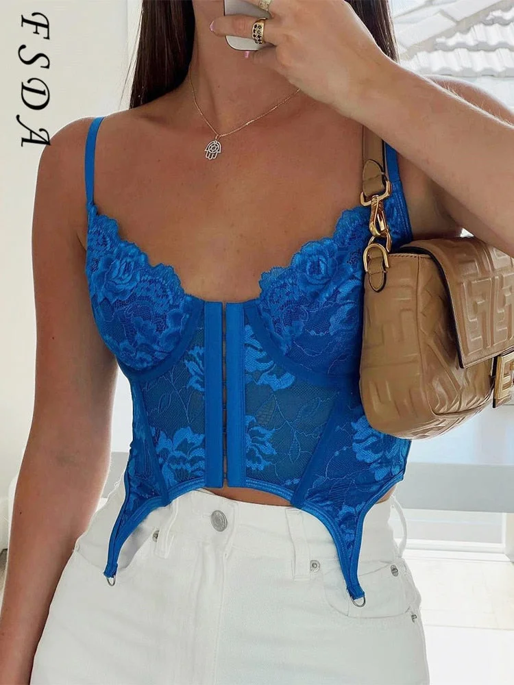 FSDA 2021 Spaghetti Strap Lace Corset Crop Top Women Blue Y2K Summer Backless Sleeveless Tube Tank Tops Sexy Off Shoulder