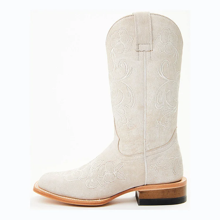 Beige Square Toe Low Heel Mid-Calf Flower Cowboy Boots for Women |FSJ Shoes