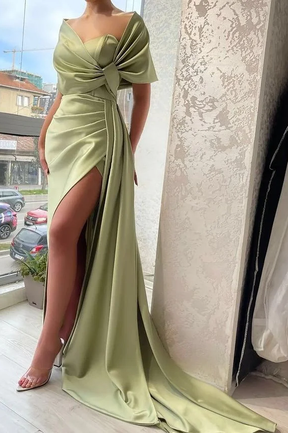 Graceful Pleated Slit Dusty Sage Portrait V-Neck Prom Dress With Ruffle | Ballbellas Ballbellas