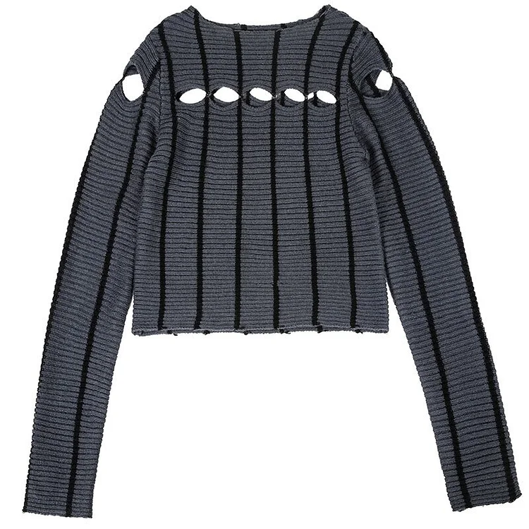 Chic O-neck Striped Hollow Out Long Sleeve Knitted Sweater                  