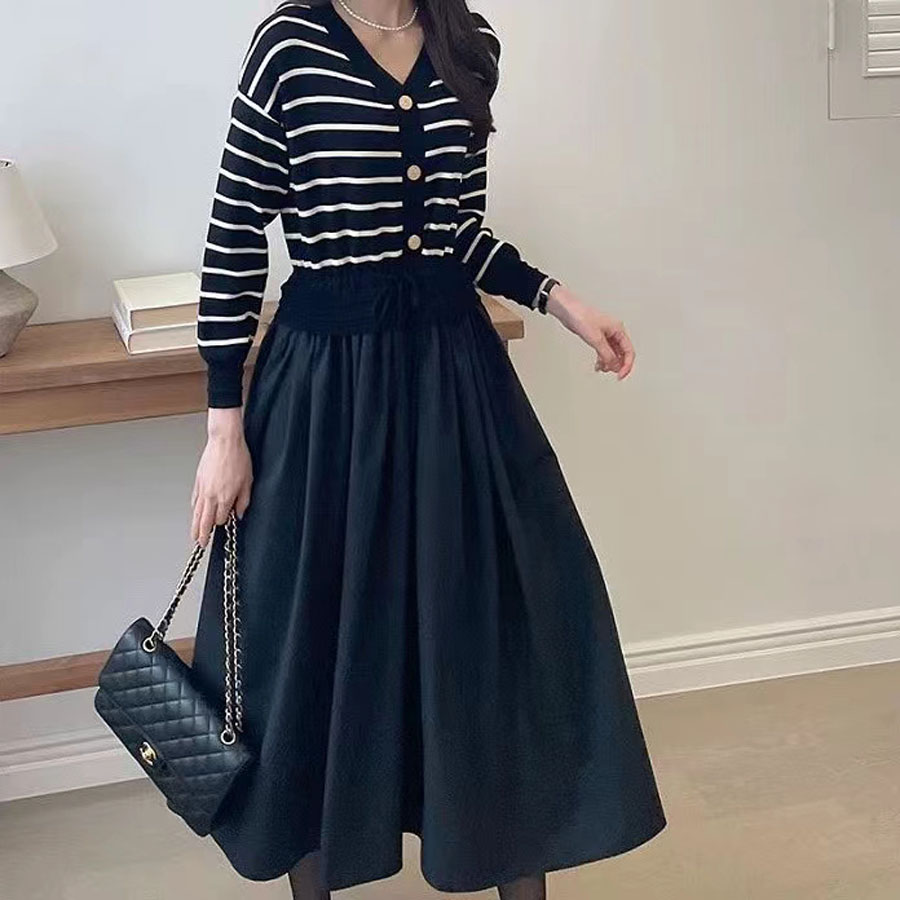 Korytires Vertical Striped Splice Long Dress Women's V-neck Autumn New Sle Korean Version Drawstring Waist Long Sleeve Fake Two-Piece...