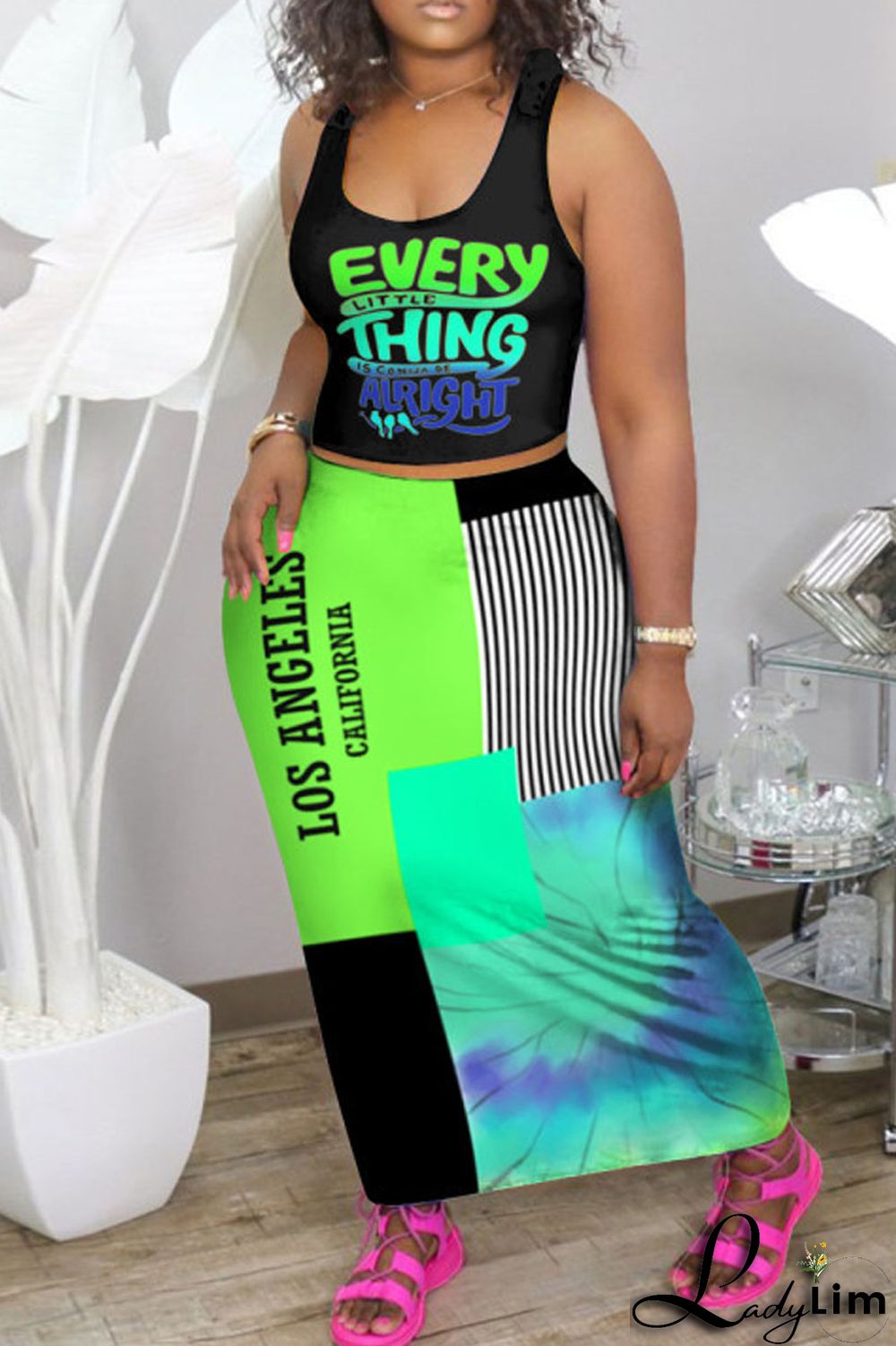 Black Orange Fashion Sexy Print Basic U Neck Plus Size Two Pieces