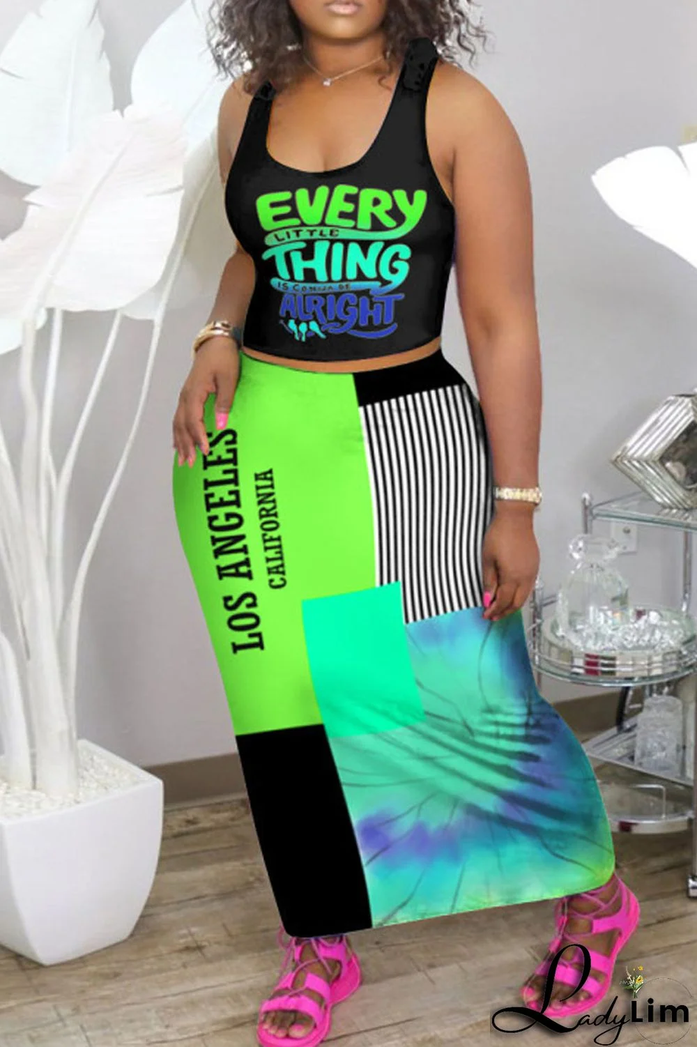 Black Orange Fashion Sexy Print Basic U Neck Plus Size Two Pieces