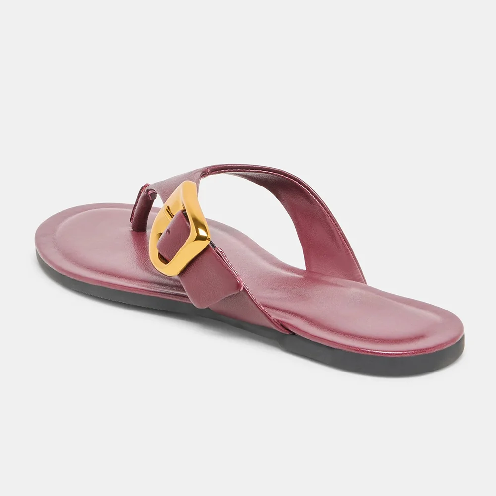 Casual Burgundy Open Round Toe Buckle Decor Flip Flops for Women