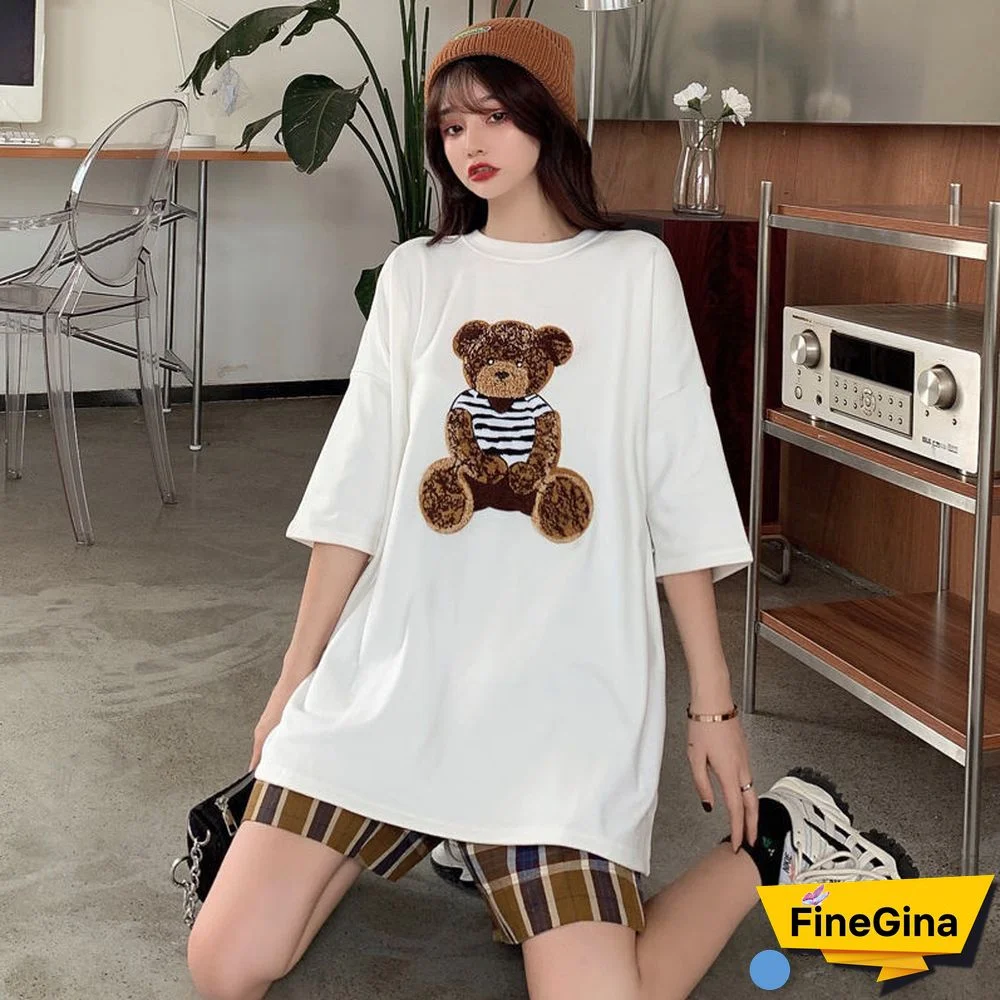 Harajuku Streetwear Oversized Women Tshirts Korean Cute Bear Half Sleeve Loose T-Shirt Fashion Casual Tees Summer Couple Clothes