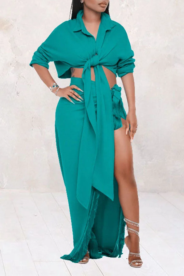 Solid Color Striking Lace-Up High Split Tassel Trim Dress Suit