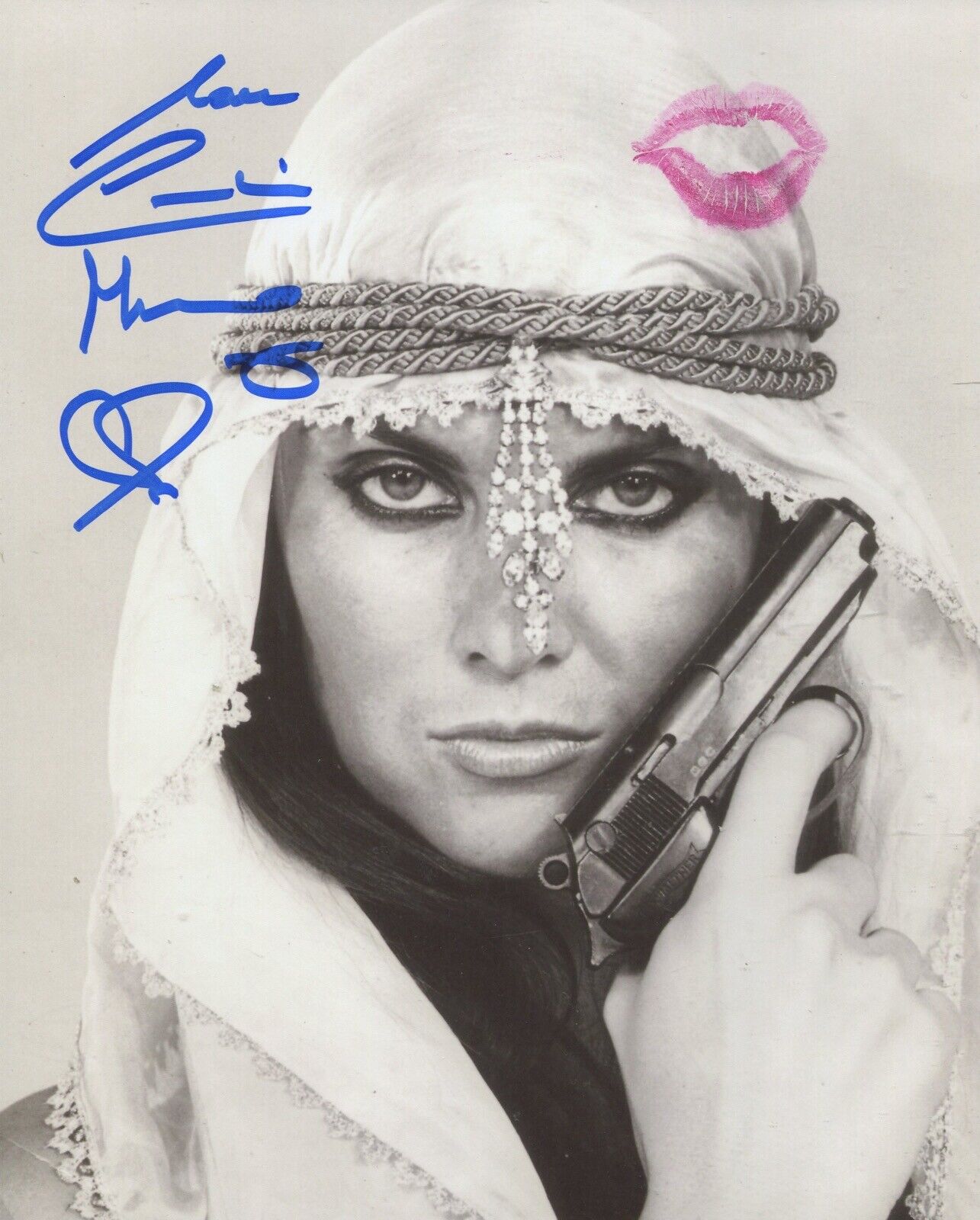 007 Bond girl Caroline Munro signed and kissed sexy holding gun 8x10 Photo Poster painting