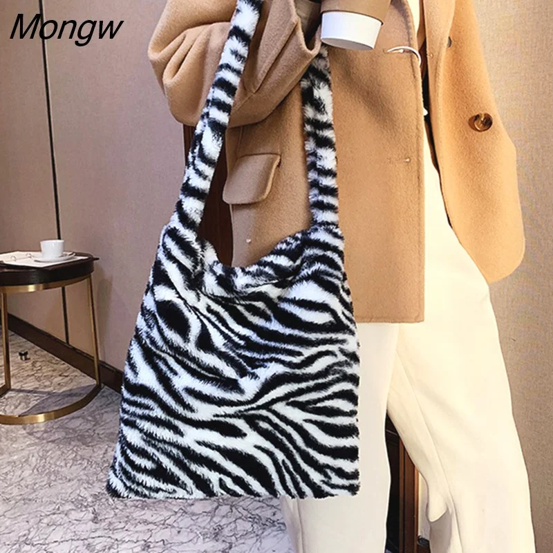 Mongw Women Lamb Like Fabric Shoulder Tote Bag Canvas Fluffy Fur Bear Handbags Large Capacity Soft Shopping Bags Girls Cute School Bag