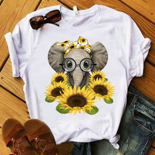New Sunflower Elephant Print Short-sleeved Ladies T-shirt, Ladies Fashion Casual T-shirt. - Chicaggo