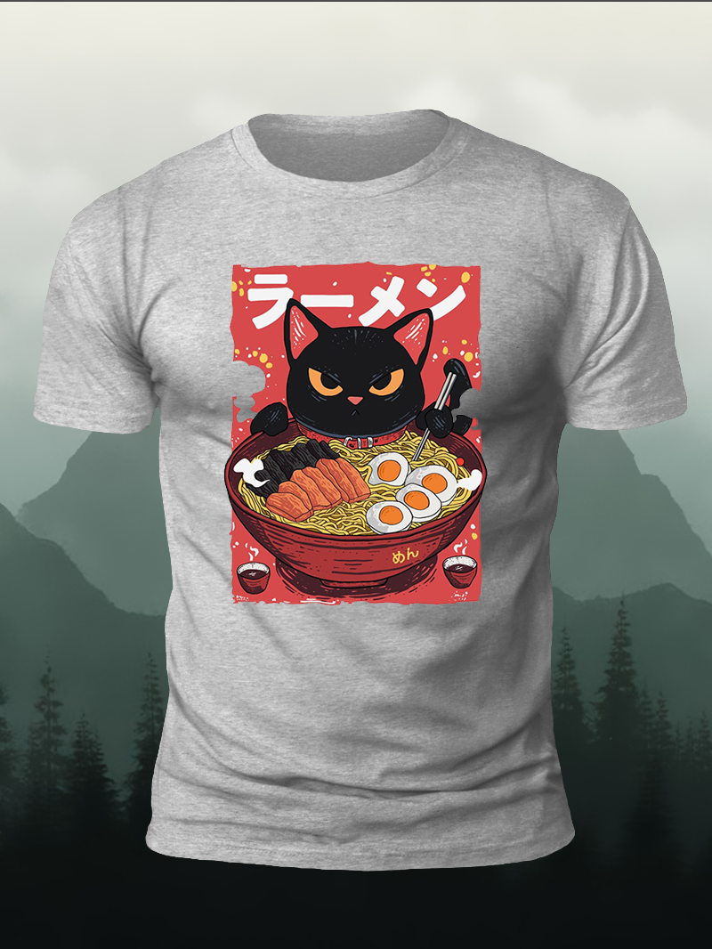 Men's Black Cat Eating Ramen Illustration Print Casual Short Sleeve T-shirt