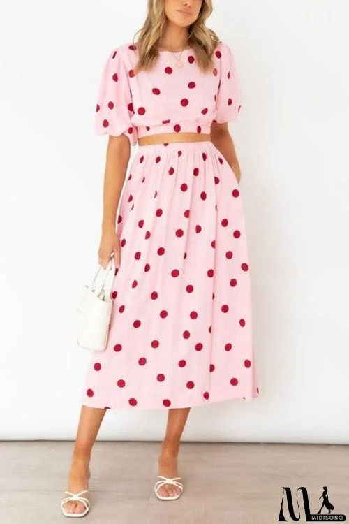 MidiSono - Polka Dot Puff Sleeve Maxi Skirts Set