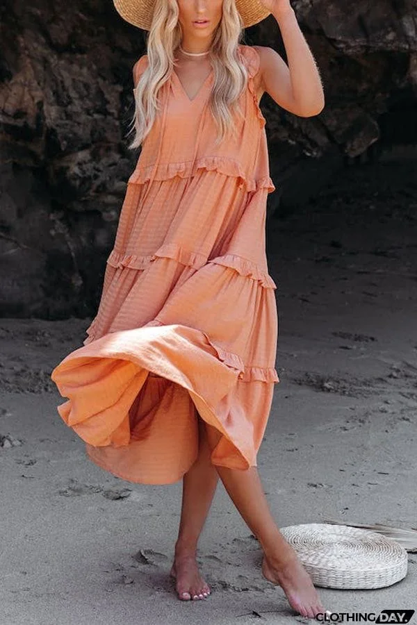 COTTON BLEND POCKETED TIERED MIDI DRESS