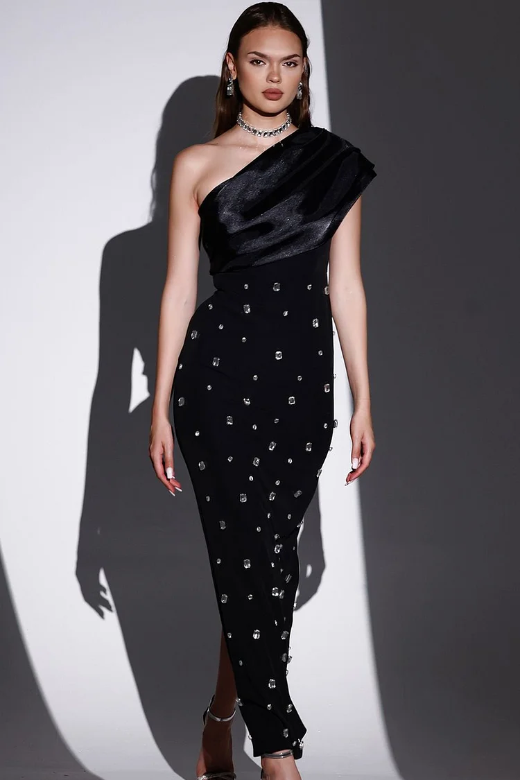 One Shoulder Embellished Rhinestone Maxi Dress-Black