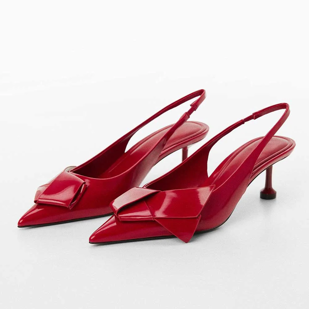 Women's Red Patent Leather Bow Heels Pointed Toe Slingback Pumps