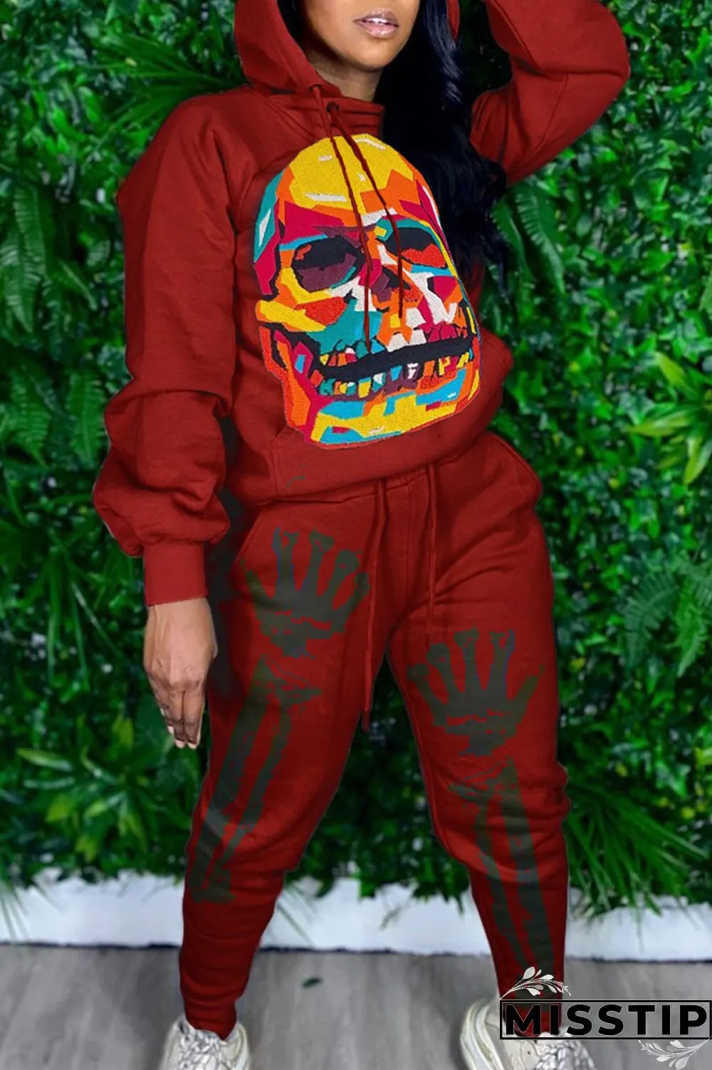 Grey Casual Print Hooded Collar Long Sleeve Regular Sleeve Two Pieces