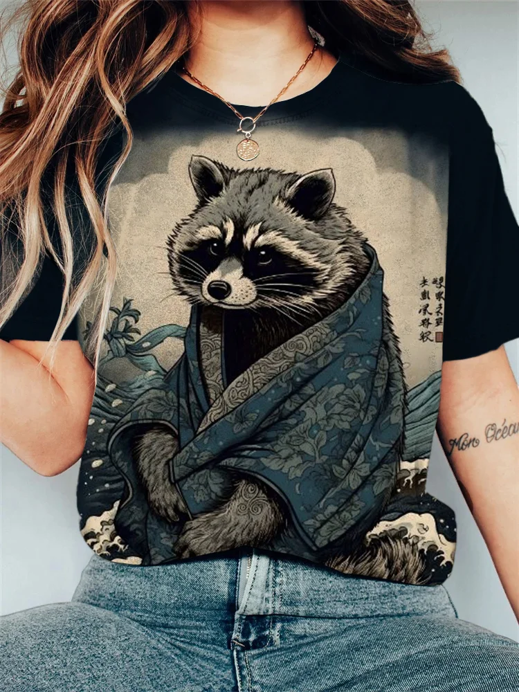 Women's Raccoon Rough Sea Waves Japanese Art Printed T-Shirt