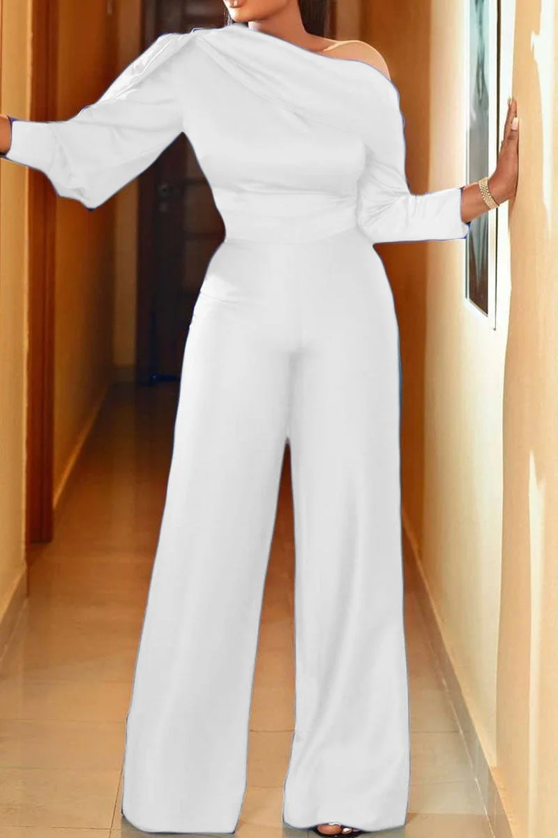 Casual Solid Split Joint Oblique Collar Straight Jumpsuits