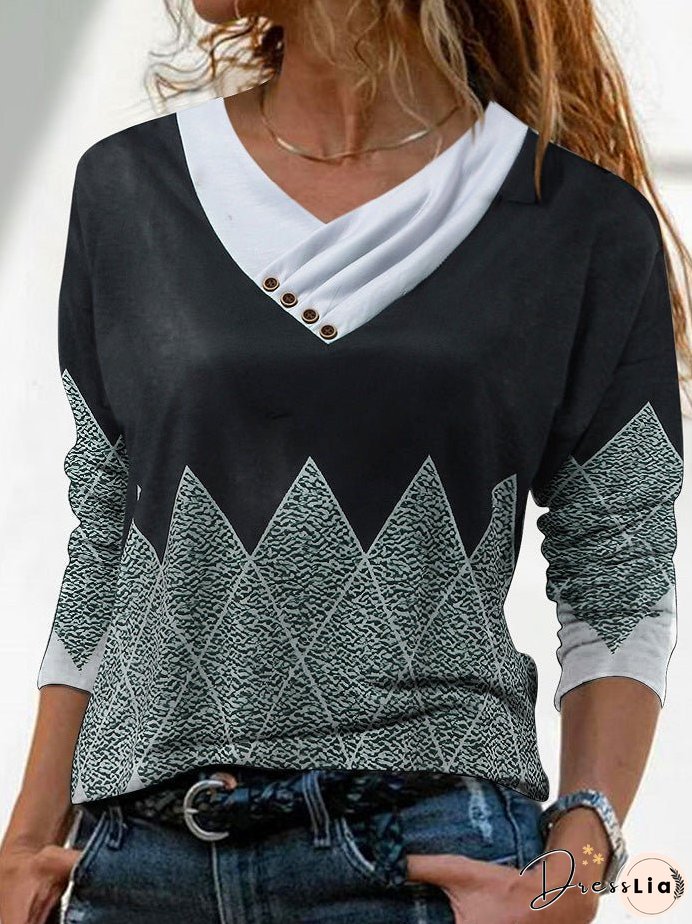 T-Shirts Printed Cross V-Neck Button Long Sleeve T-Shirt for Women