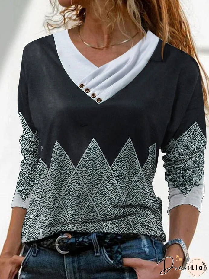 T-Shirts Printed Cross V-Neck Button Long Sleeve T-Shirt for Women