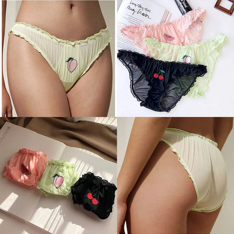 S-XL Women Sexy Panties Lace Underpants Low-waist Panties Fruit Embroidery Perspective Briefs Female Fashion Underwear Lingerie
