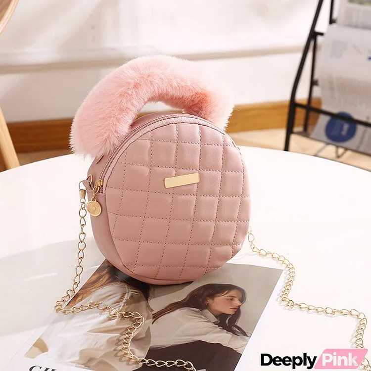 Women Fashion Solid Color Plush Zipper Round Mini Chain Crossbody Bag