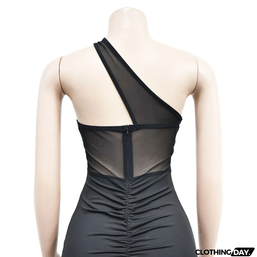 Women's Fashion Solid Color Beaded Mesh Sleeveless Slash Shoulder Dress