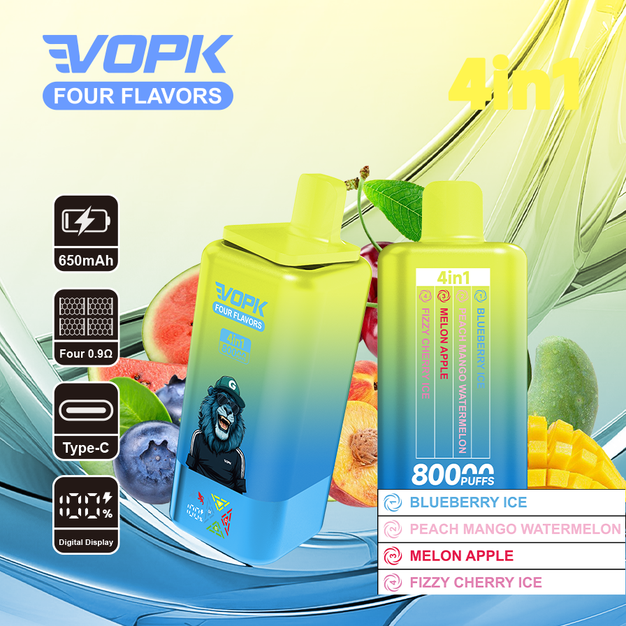 vopk 4 in 1 80k rechargeable disposable vape Rainbow Candy & peach ice & Lemon sour orange  & Cranberry Lemon