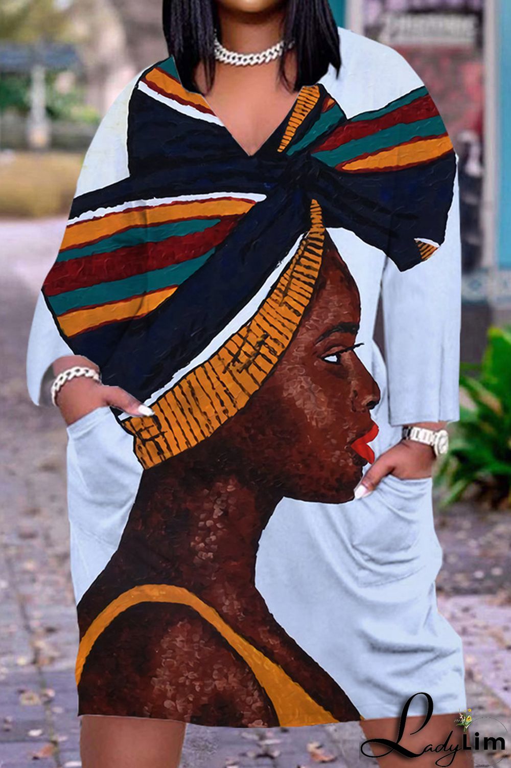 Black Yellow Fashion Casual Print Patchwork V Neck Long Sleeve Dresses