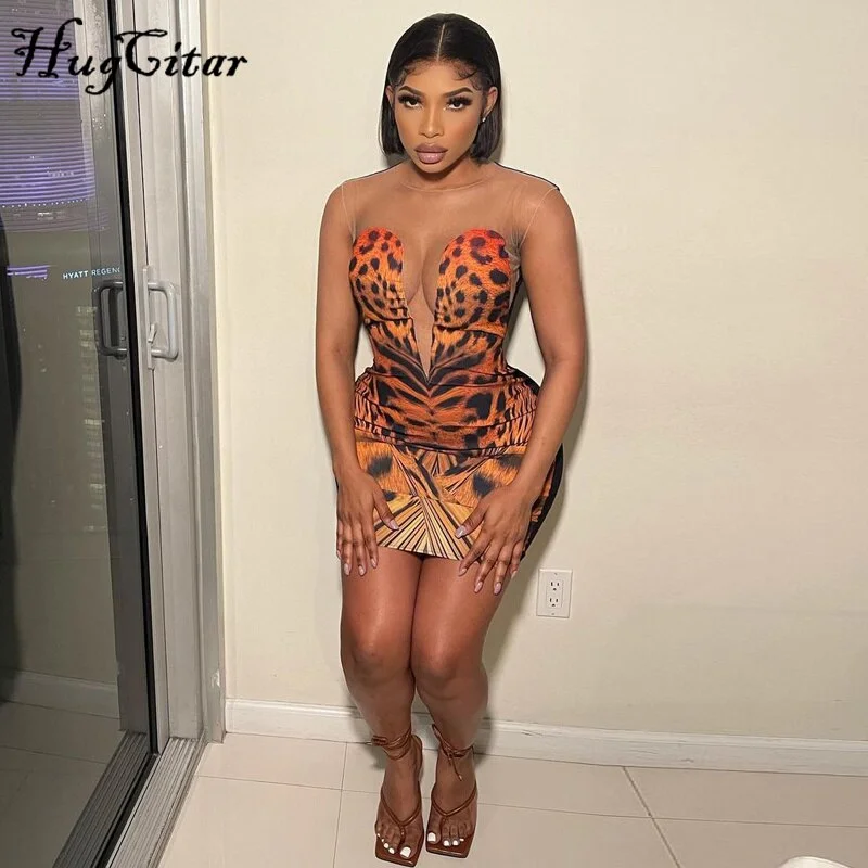 Hugcitar 2021 Sleeveless Tiger Printing Lace O-Neck Sexy Mini Dress Summer Women Fashion Party Club Outfits Y2K Robe Kpytomoa